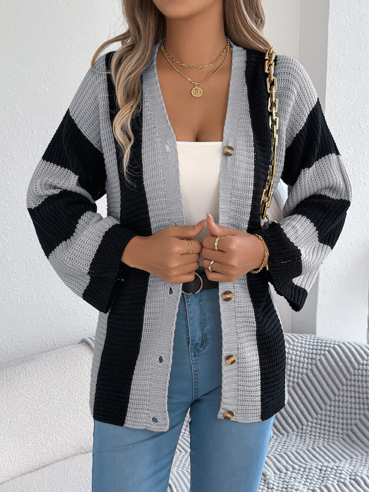 Women Color Block Stripe Bell Sleeve Long Sleeve Cardigan Sweater Coat
