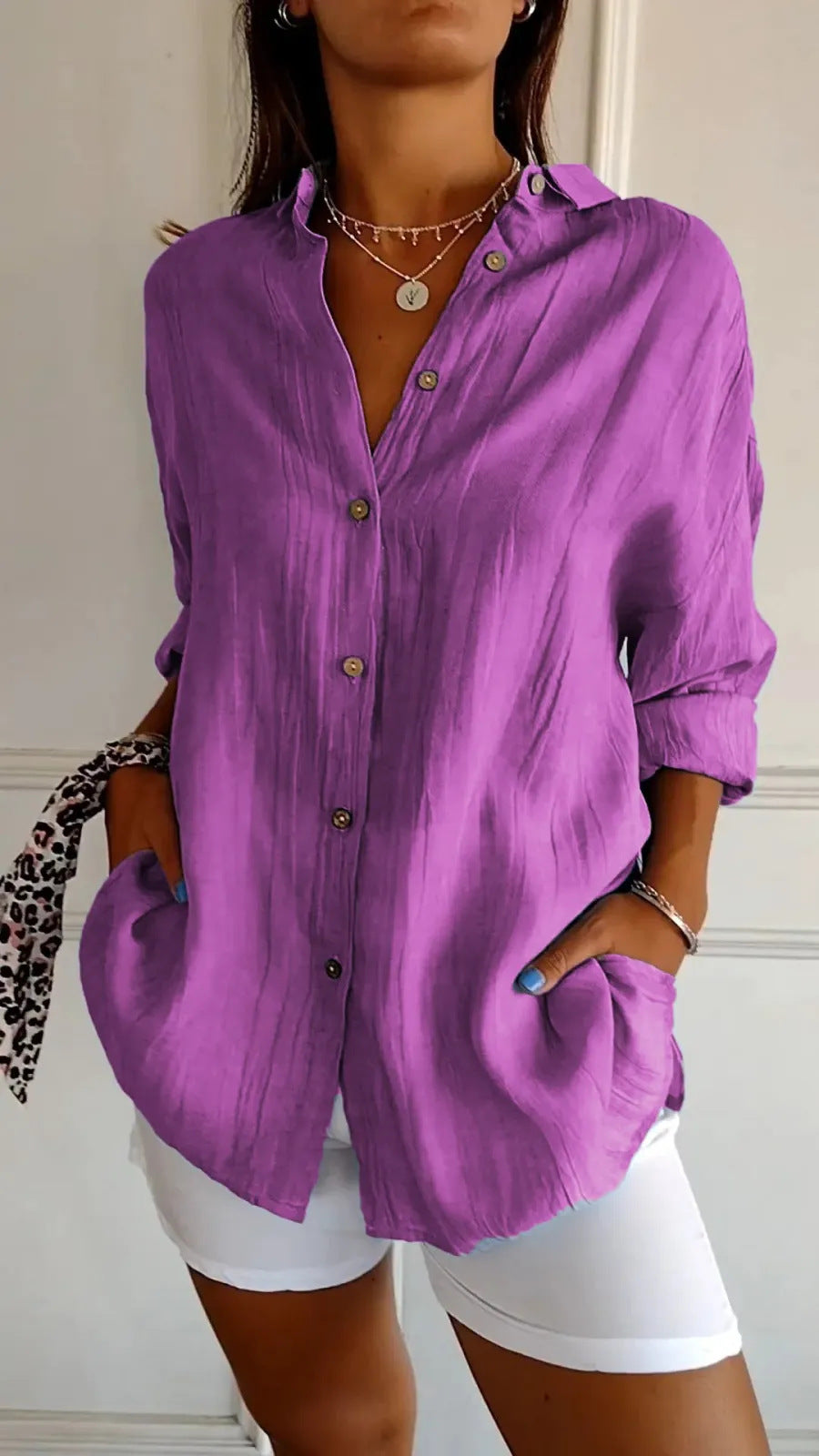 Lapel Long Sleeve Shirt Women's Single-breasted Pleated Shirt Tops Clothing