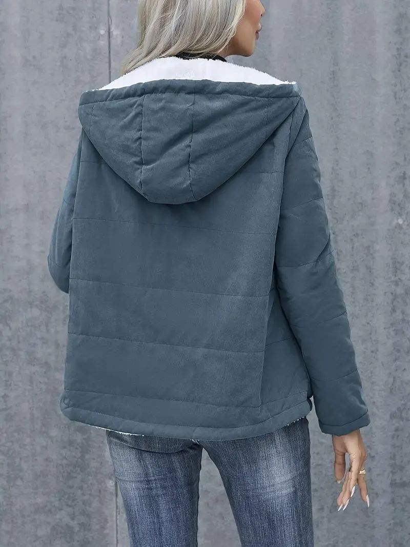 Women's Fleece-Lined Hooded Coat - Preppy Style Padded Winter Jacket with Pockets