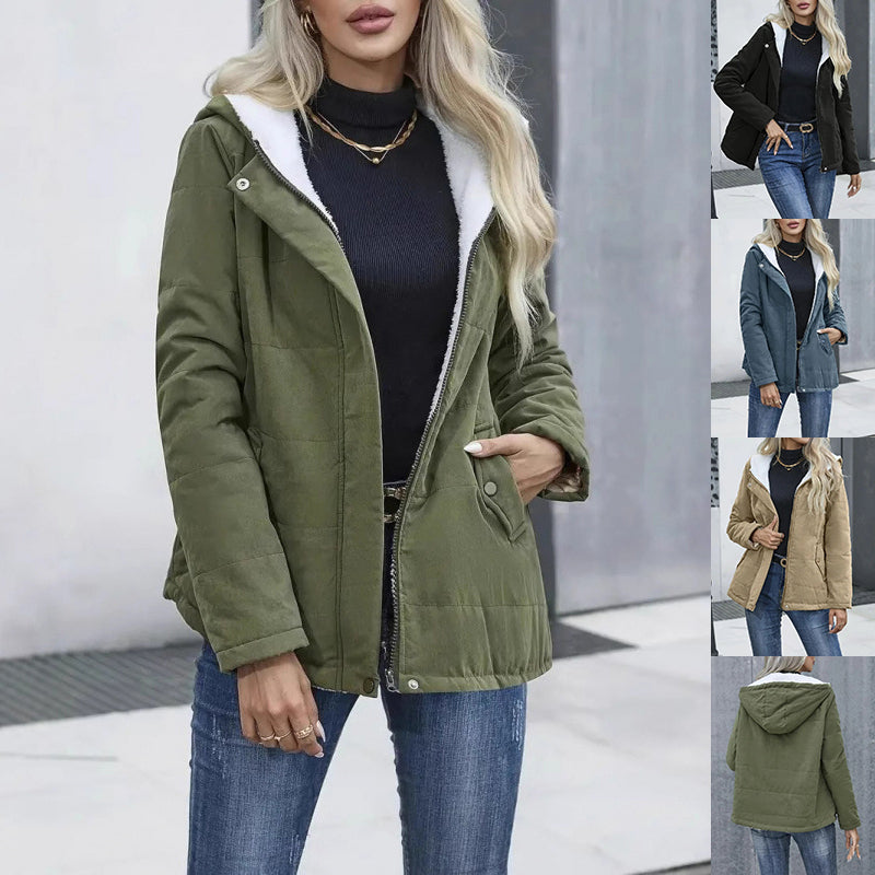Women's Fleece-Lined Hooded Coat - Preppy Style Padded Winter Jacket with Pockets
