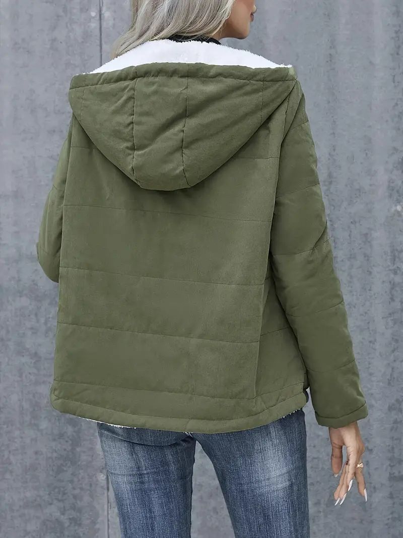 Women's Fleece-Lined Hooded Coat - Preppy Style Padded Winter Jacket with Pockets