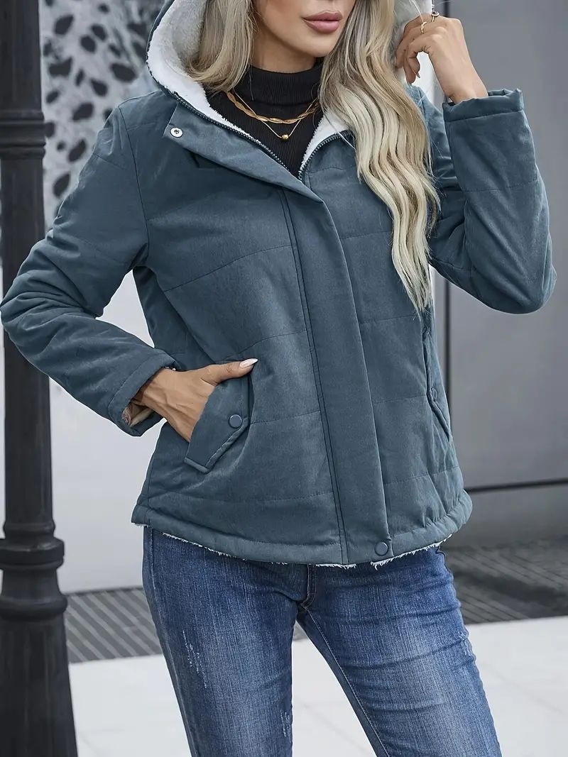 Women's Fleece-Lined Hooded Coat - Preppy Style Padded Winter Jacket with Pockets