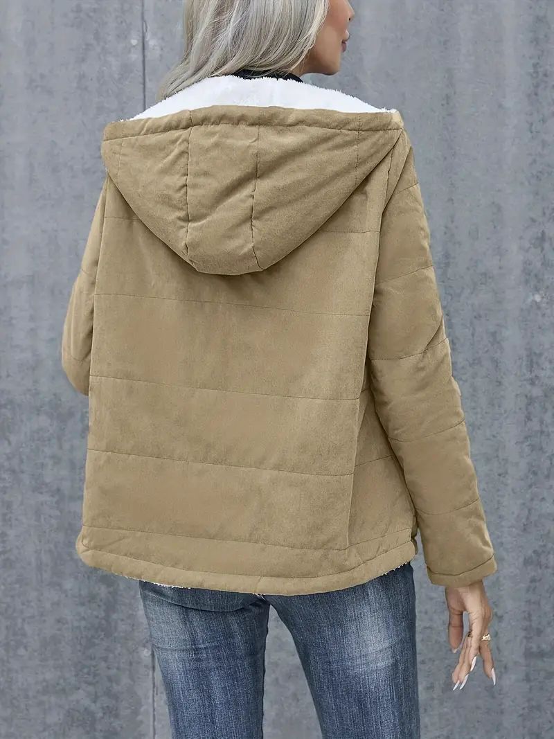 Women's Fleece-Lined Hooded Coat - Preppy Style Padded Winter Jacket with Pockets