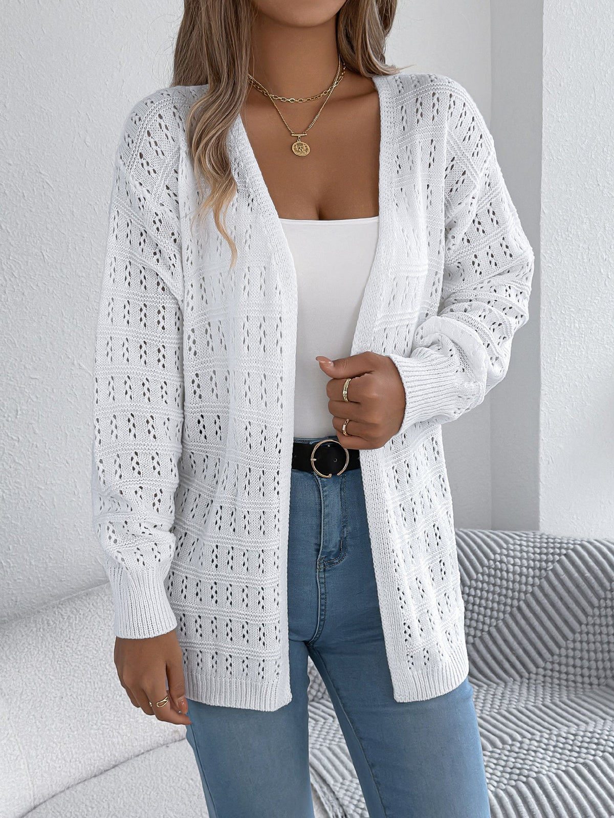 Women Solid Color Hollow Out Lantern Sleeve Long Sleeve Cardigan Sweater Coat