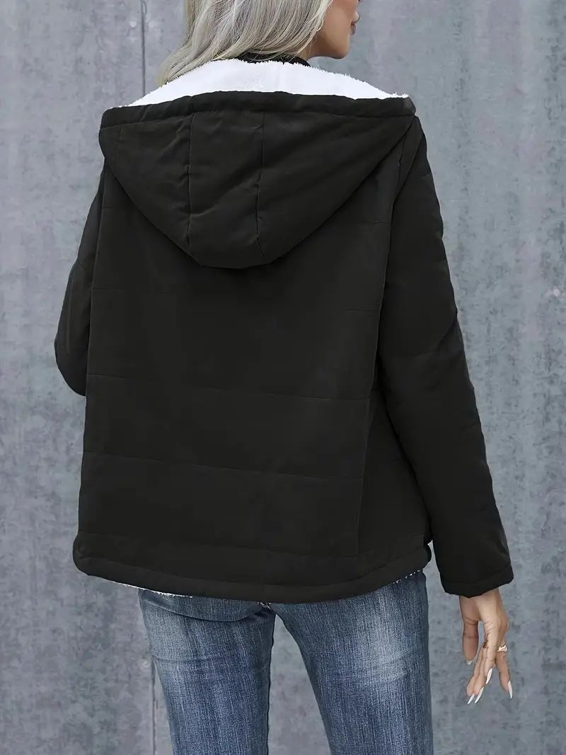 Women's Fleece-Lined Hooded Coat - Preppy Style Padded Winter Jacket with Pockets