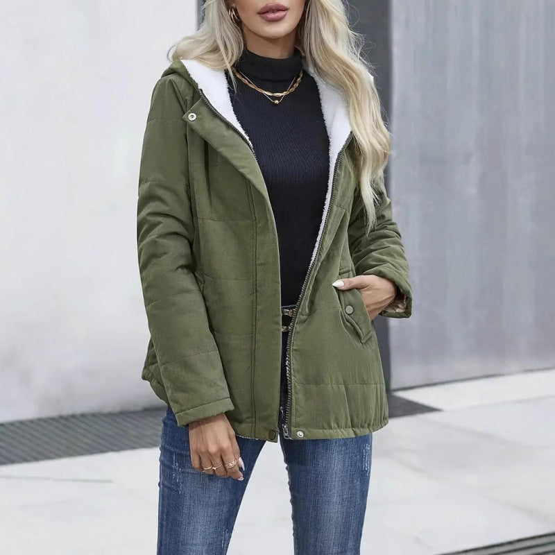Women's Fleece-Lined Hooded Coat - Preppy Style Padded Winter Jacket with Pockets