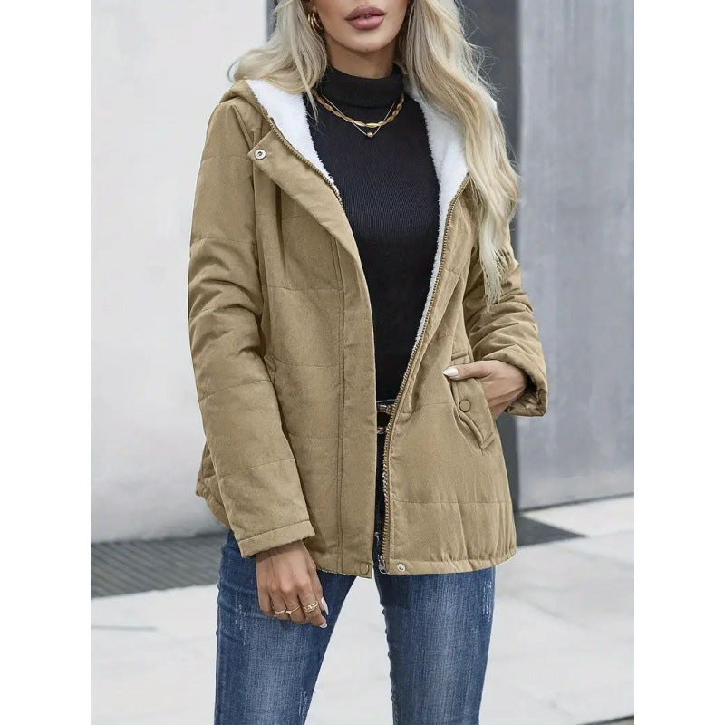 Women's Fleece-Lined Hooded Coat - Preppy Style Padded Winter Jacket with Pockets
