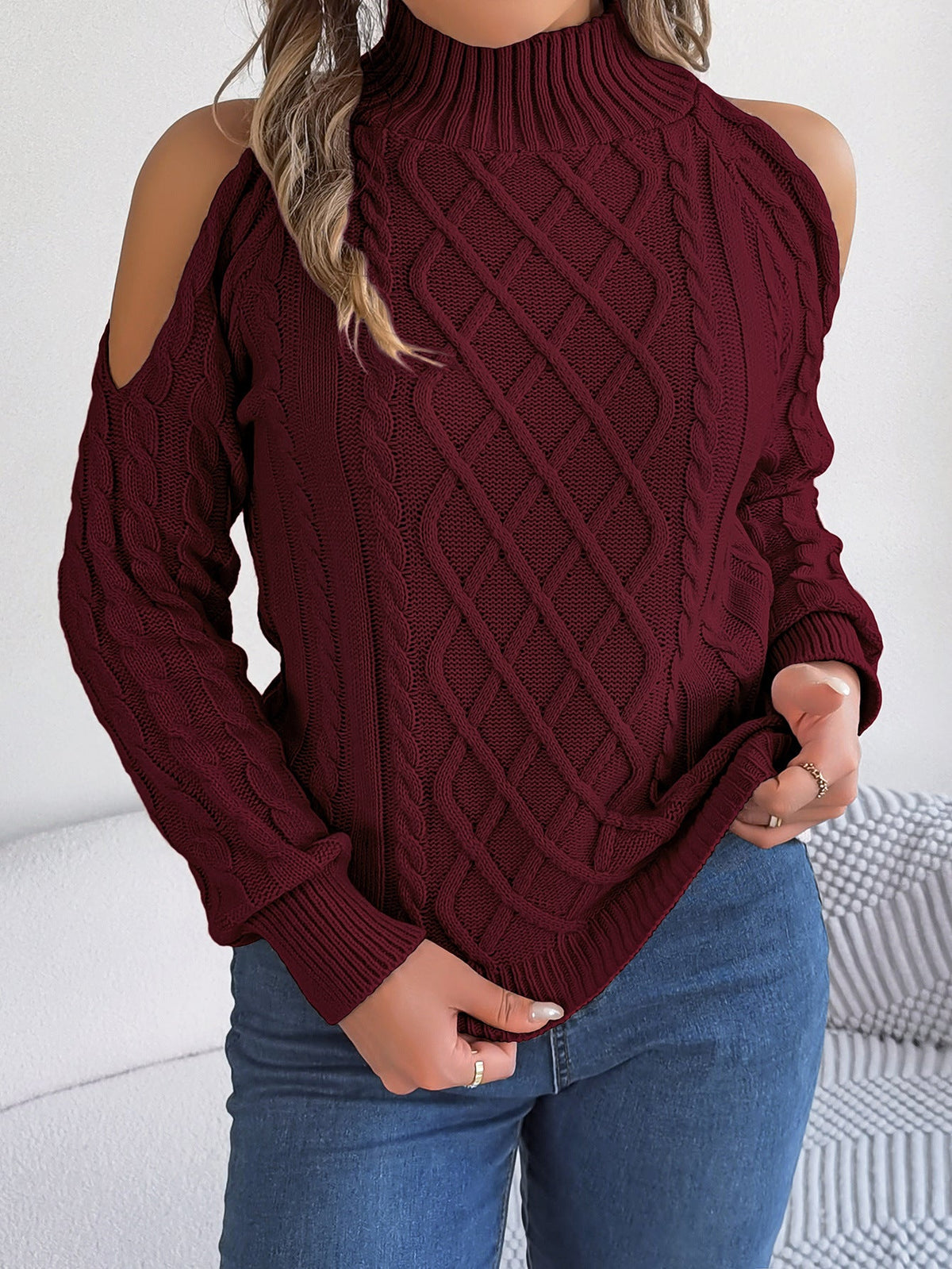 Casual Twist Strapless Half-high Collar Long Sleeves Sweaters Women's Clothing
