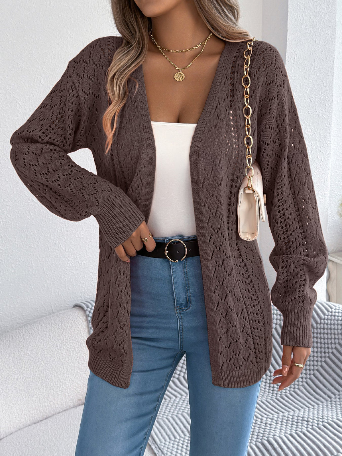 Women Hollow Out Lantern Sleeve Long Sleeve Cardigan Sweater Coat