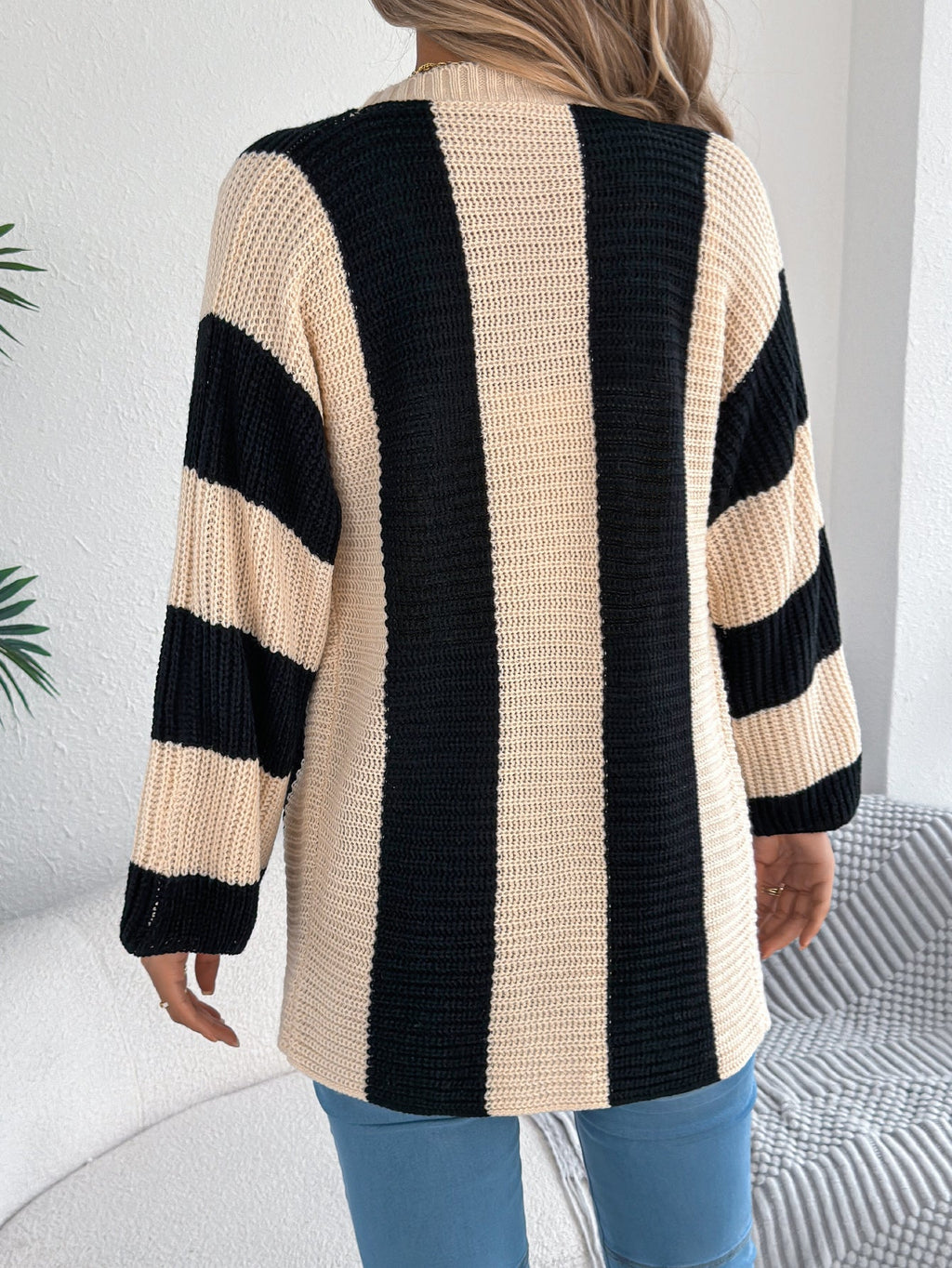 Women Color Block Stripe Bell Sleeve Long Sleeve Cardigan Sweater Coat