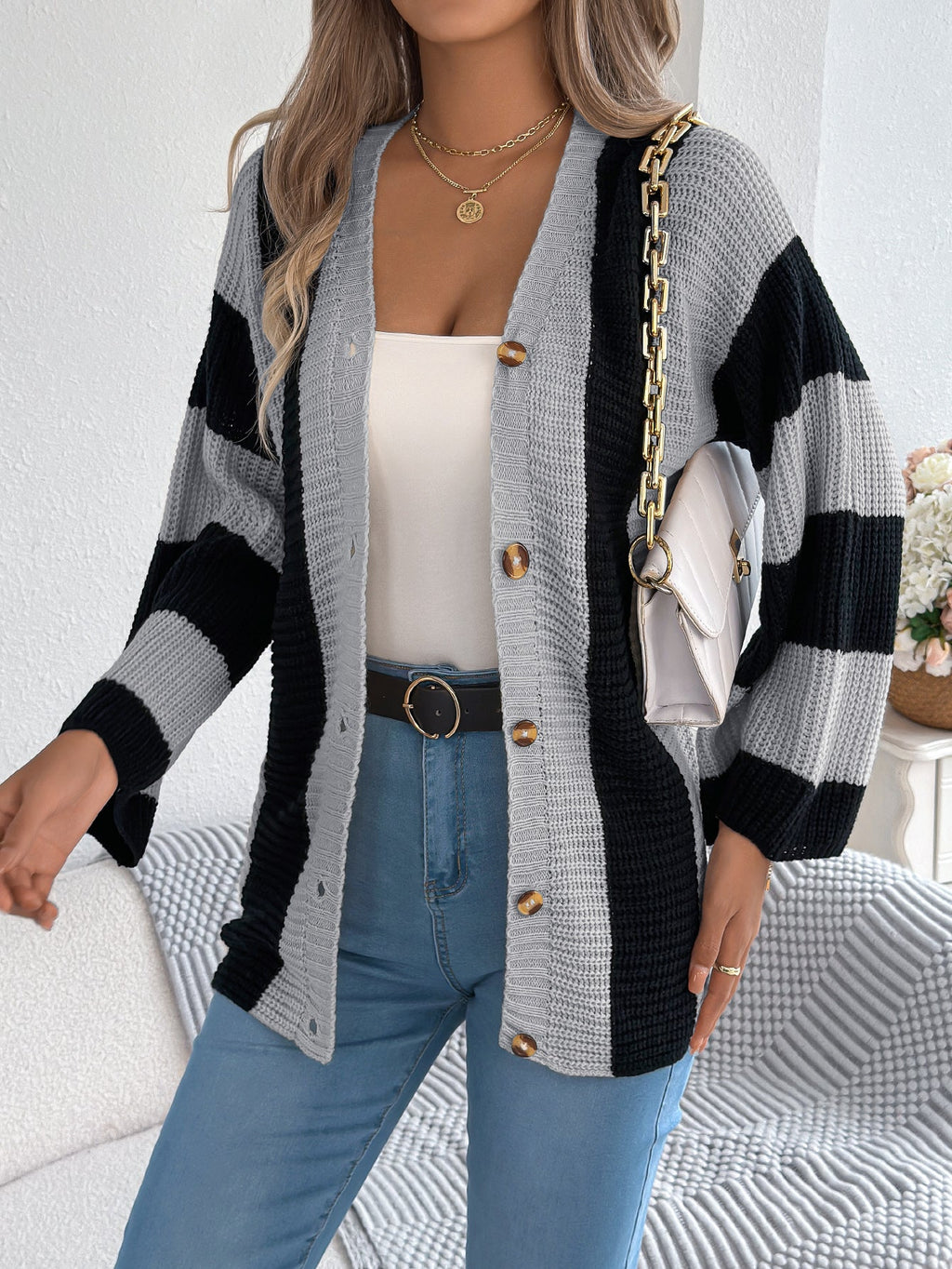 Women Color Block Stripe Bell Sleeve Long Sleeve Cardigan Sweater Coat