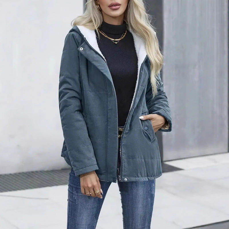 Women's Fleece-Lined Hooded Coat - Preppy Style Padded Winter Jacket with Pockets