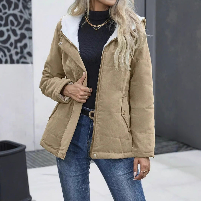 Women's Fleece-Lined Hooded Coat - Preppy Style Padded Winter Jacket with Pockets